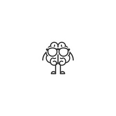 Black brain character with legs, hands and glasses. Intellect, education, knowledge simple pictogram