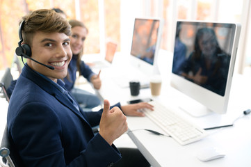 Call Center Service. Photo of customer support or sales agent.  Help line answering and...
