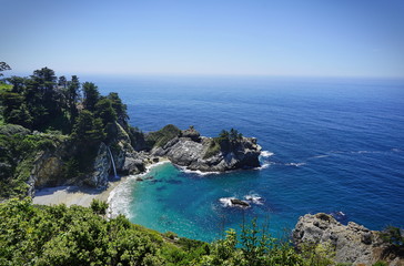 Beautiful coastline scenery with ocean waves and rocks on Pacific Coast, California, US