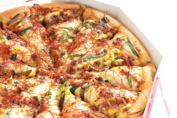 Fusion pizza, beef and leek with chili pepper  Asian taste