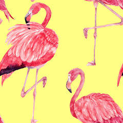 Pink flamingos seamless watercolor pattern. Zoo bird park. Hand drawn illustration with flock pink birds, pink feathers, watercolor background