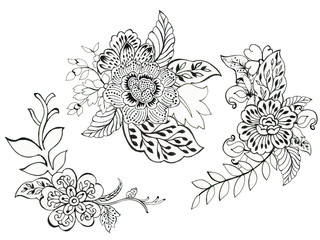 Fototapeta premium Hand drawn illustration henna tattoo elements and bouquet for your design textile, decorative paper, scrapbooking