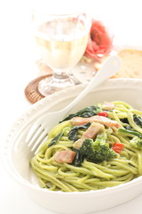 Homemade broccoli and green pasta with bacon