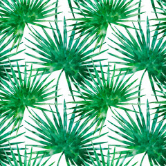 Tropical palm leaves, jungle leaves seamless watercolor floral pattern. Hand drawn background for textil, wrapping, vacation