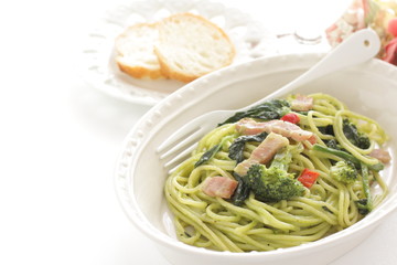 Homemade broccoli and green pasta with bacon