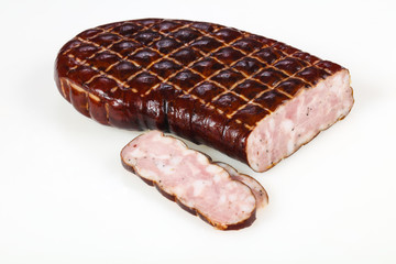 Tasty meat sausages over white background