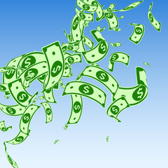 American dollar notes falling. Messy USD bills on 