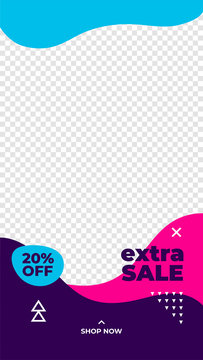 Trendy social media story vertical poster template. transparent photo placeholder background, abstract fluid liquid geometric shape element. 20% off extra sale discount promotion banner vector design
