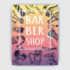 Hand drawn sketch illustration for barbershop. Identity Hair Salon. Accessories for the hairdresser, made in graphic style.