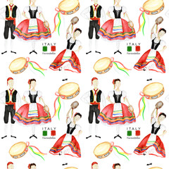 Seamless pattern Dancers in national costume an Italian tarantella with a tambourine on white background. Woman and man dancer in red folk costume Italy. Watercolor fabric texture