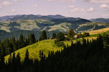 Mountain village landscape in the wild Ukrainian Bukovyna area