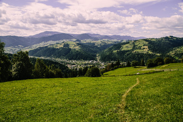 Mountain village landscape in the wild Ukrainian Bukovyna area