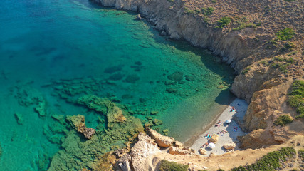Aerial drone photo of emerald crystal clear sea rocky beach of Plakes in famous island of...