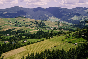 Naklejka na ściany i meble Mountain village landscape in the wild Ukrainian Bukovyna area