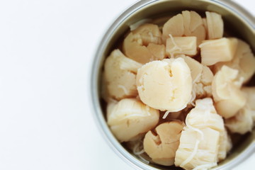 Canned food, boiled scallop on white background