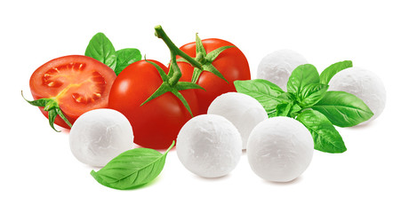 Cherry tomatoes, green basil, mozzarella cheese balls isolated on white background