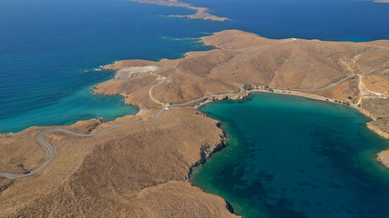 Aerial drone photo of famous calm turquoise sea sandy beaches of Steno next to small chapel of Agios Mamas, Astypalaia island, Dodecanese, Greece