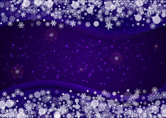 Xmas theme sale with ultraviolet snowflakes. New Year snowy backdrop. Winter border for gift coupons, vouchers, ads, party events. Christmas trendy background. Holiday banner for xmas theme