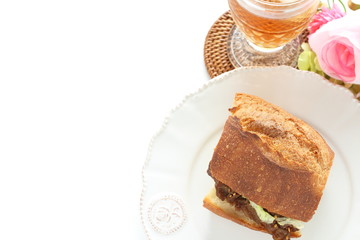 Homemade grilled beef and vegetable in French bread sandwich