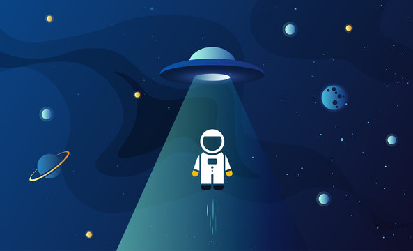 Space exploration modern background design with an alien ship in cosmos and flying Astronaut. Cute gradient template with Spaceship, Moon and Stars for poster, banner or website page
