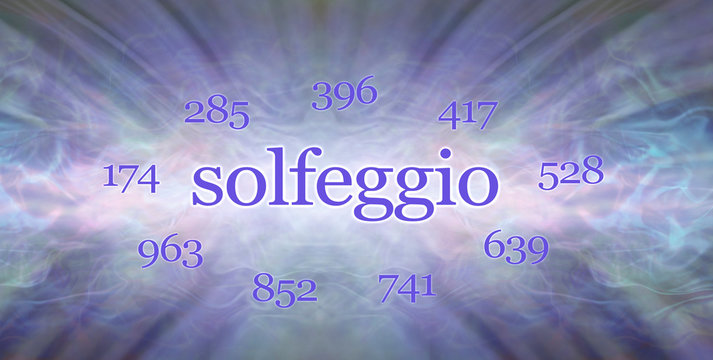 The Nine Solfeggio Frequencies background - blue energy sound waves background concept with the word SOLFEGGIO in the centre and the nine frequencies equidistant around 