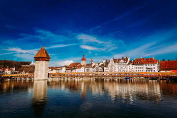 Kapellbrucke historic Chapel Bridge and waterfront landmarks in Lucern, Switzerland