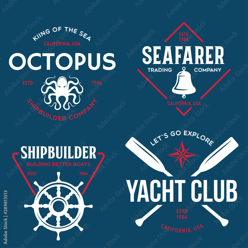 Wall mural Set of sea and nautical typography badges and design elements. Templates for company logo. Marine cruise, yacht club, trading companym, shipbuilding and other themes.