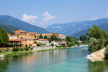 Fototapeta na wymiar Bassano del Grappa (Italy) - A view of Bassano del Grappa over the river Brenta