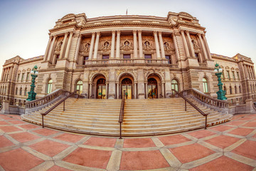 Old photo with facade of the Library of Congress Thomas Jefferson Building, Washington DC, USA