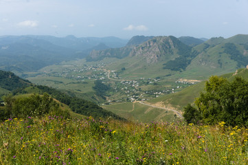 Lush green lawns meadows and mountains above 2000 m on the gumbashi pass in the northern caucasus...
