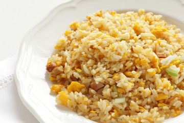 Chinese food, egg and roasted port fried rice