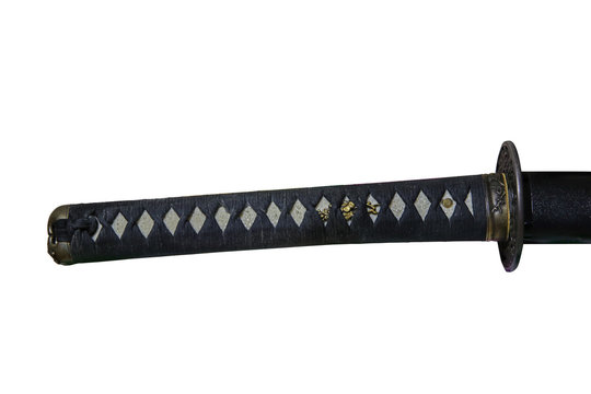 Close-up photo of a katana's tsuka isolated on white screen. The tsuka is the hilt or handle of a Japanese sword.