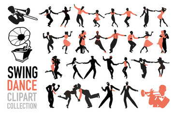 Swing dance clipart collection. Set of swing dancers isolated on white background. - obrazy, fototapety, plakaty