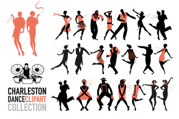 Charleston dance clipart collection. Set of jazz dancers isolated on white background. - obrazy, fototapety, plakaty