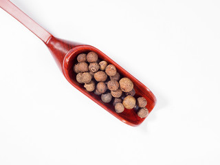 Allspice (Jamaica pepper) in wooden scoop diagonally on white background
