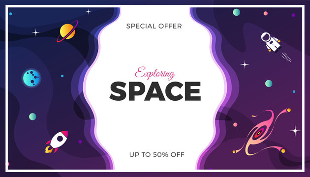 Space exploration modern background design with a Galaxy, Astronaut, Rocket, Moon, Planets and Stars in cosmos. Cute pink color template for website page or banner vector illustration