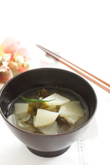 Japanese food, radish and wakeme seaweed miso soup