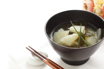 Japanese food, radish and wakeme seaweed miso soup