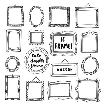 hand drawn cute doodle frame black and white set