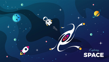 Space exploration modern background design with a Galaxy, Astronaut, Rocket, Moon, Planets and Stars in cosmos. Cute blue color template for website page or banner vector illustration