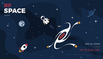 Space exploration modern background design with a Galaxy, Astronaut, Rocket, Moon, Planets and Stars in cosmos. Cute blue color vintage template for website page or retro banner vector illustration