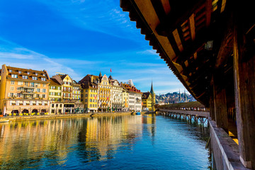 Kapellbrucke historic Chapel Bridge and waterfront landmarks in Lucern, Switzerland