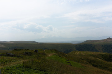 Lush green lawns meadows and mountains above 2000 m on the gumbashi pass in the northern caucasus...