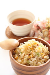 Chinese food, scallion and egg stir fried with roasted pork rice