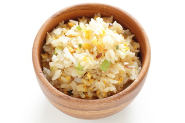 Chinese food, scallion and egg stir fried with roasted pork rice