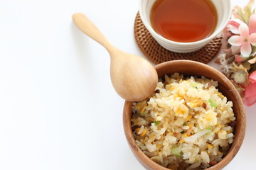 Chinese food, scallion and egg stir fried with roasted pork rice