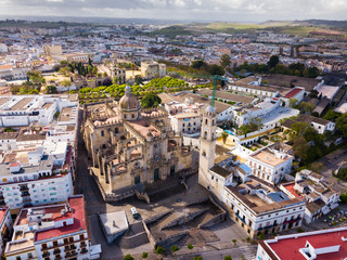 Fototapeta na wymiar View from drone of Jerez de la Frontera with Cathedral and Moorish alcazar