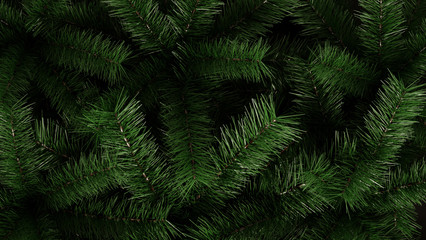 Fototapeta na wymiar Branches of green spruce, pine cones on nature, black background-3D render. New year greeting card, poster. Holiday banner 2020 with copy space for Christmas, new year, winter holidays, sales days.