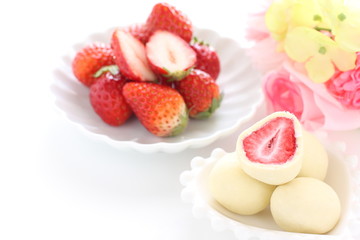 Japanese food, dried strawberry coating by white chocolate