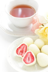 Fototapeta na wymiar Japanese food, dried strawberry coating by white chocolate
